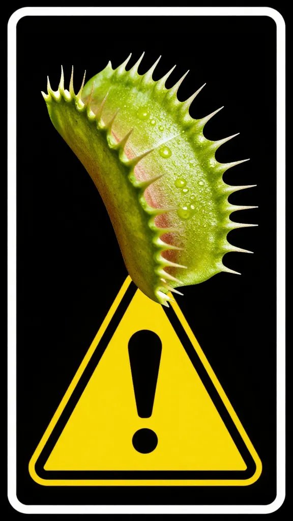 single Venus flytrap with blackened trap tip, warning sign