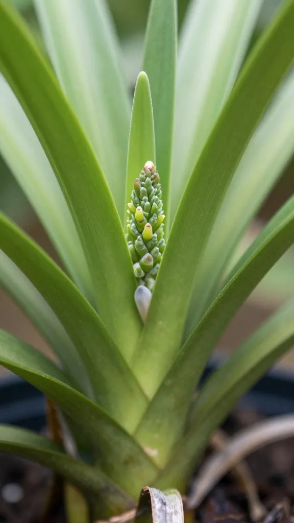 single Tillandsia pup emerging at mother plant base