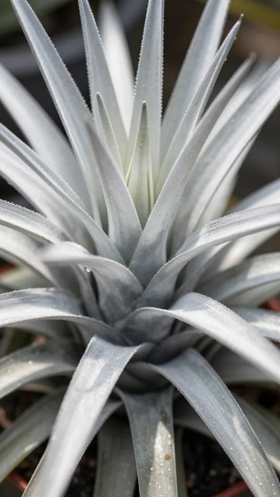 closeup silver-scaled Tillandsia trichomes in morning light