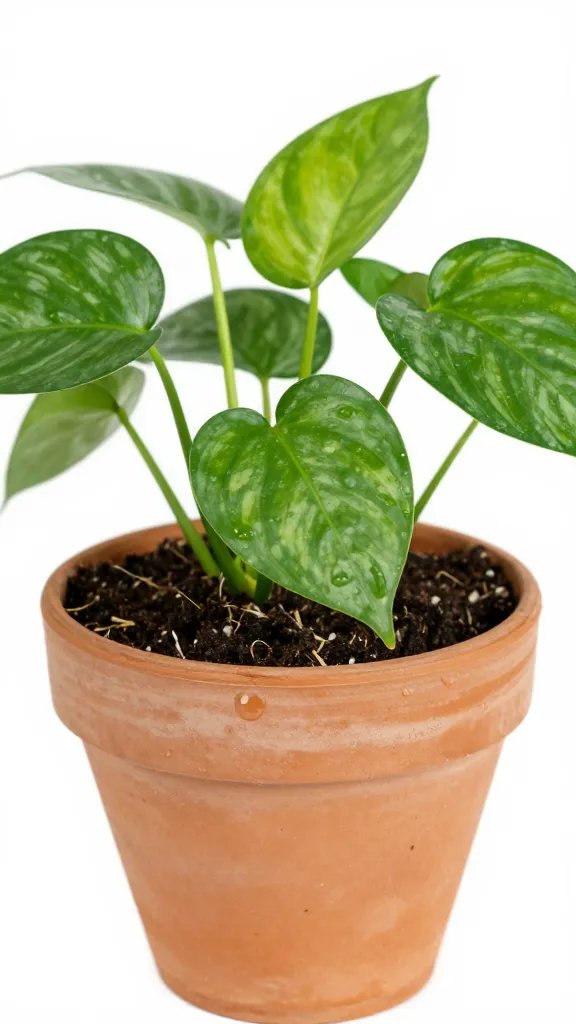 pothos in oversized terracotta pot, waterlogged soil closeup