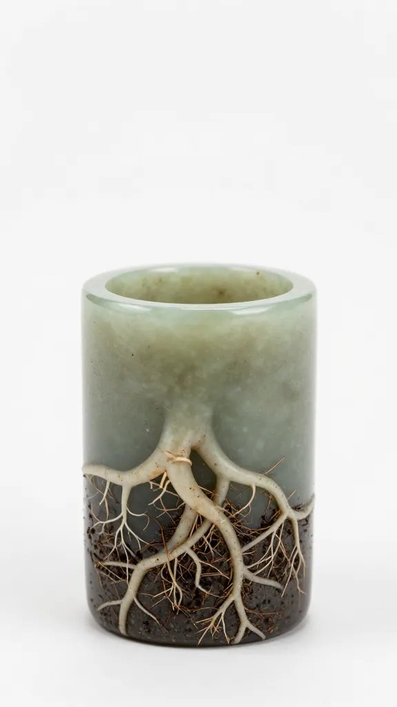 single jade cutting in cramped nursery cup, roots circling