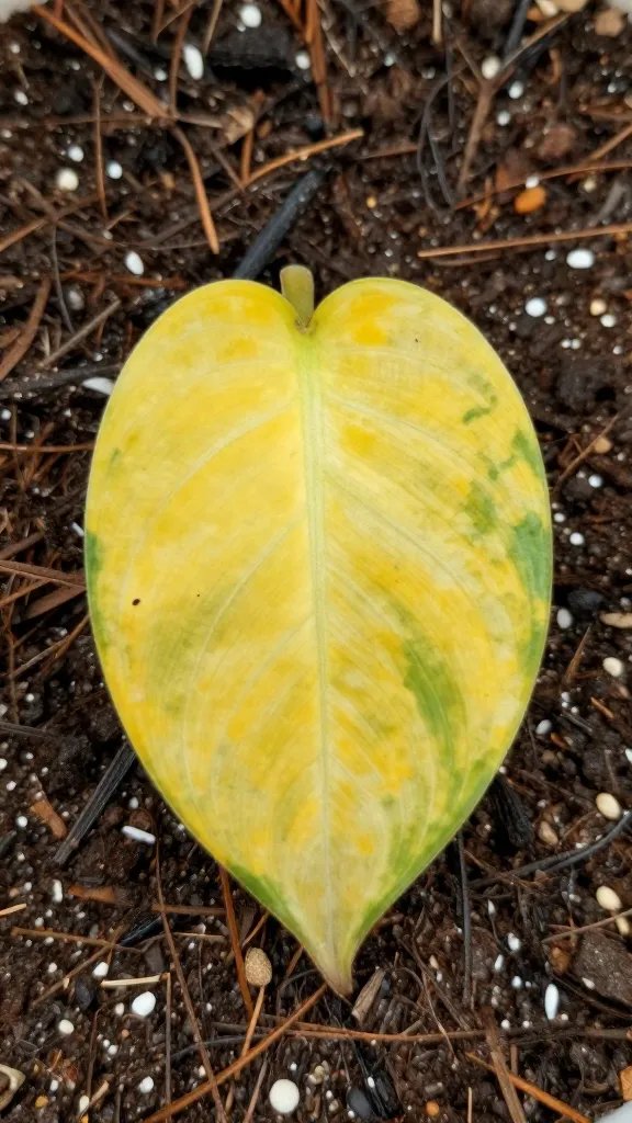 yellowing lower pothos leaf, saturated potting mix background