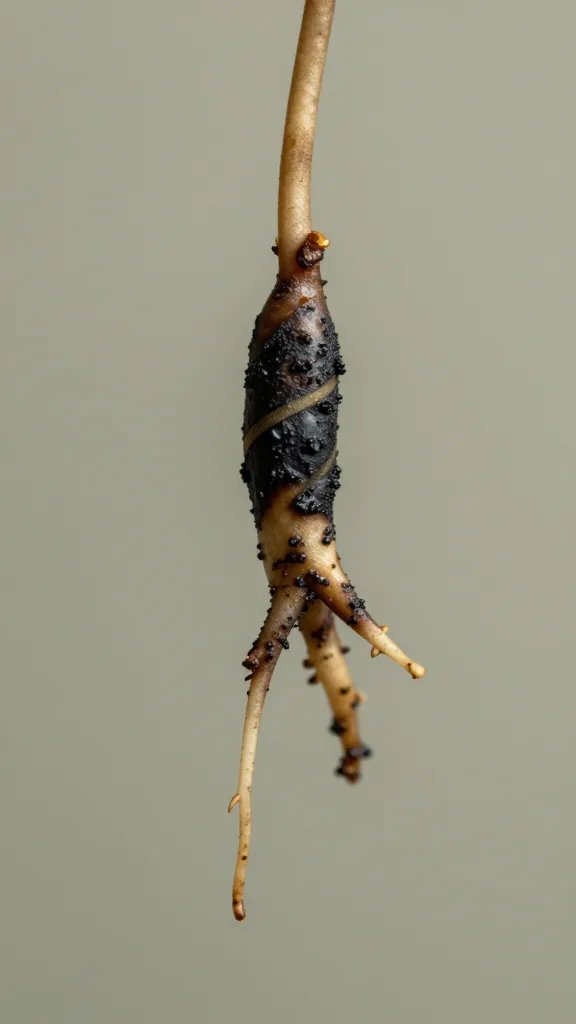 blackened mushy root tip from overwatering, macro shot
