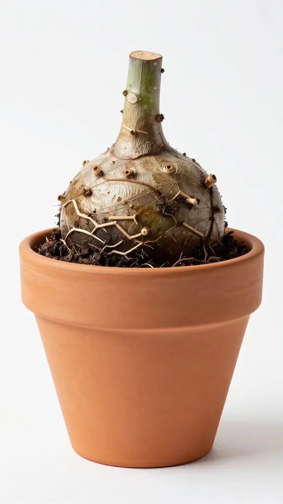 compact root ball snug in one-size-up clay pot