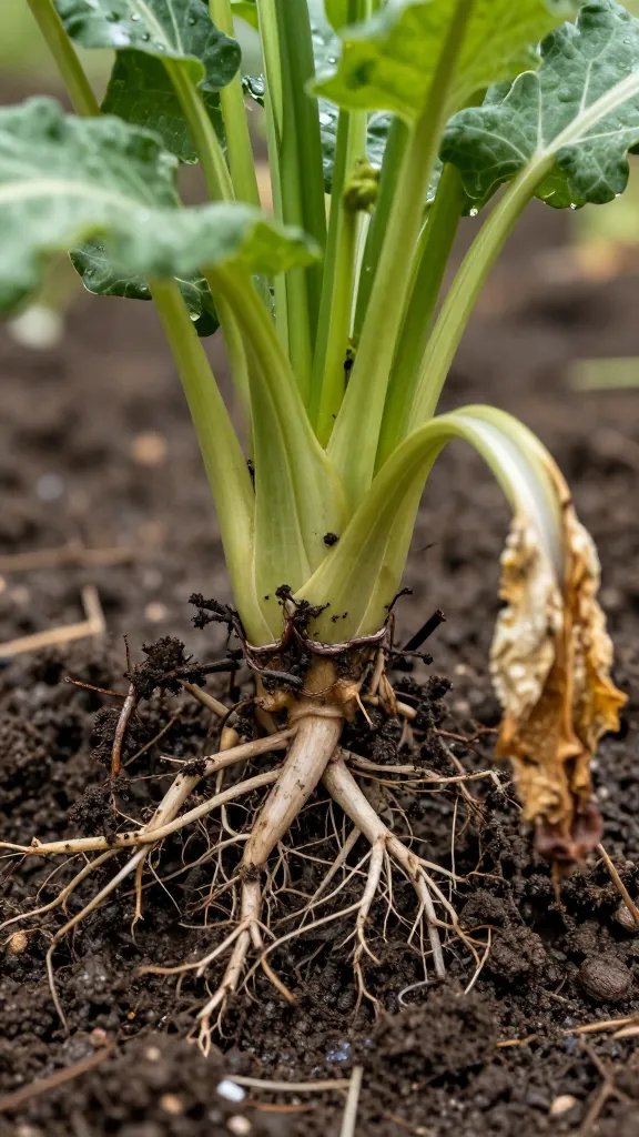 wilted plant despite wet soil, oxygen-starved roots concept closeup