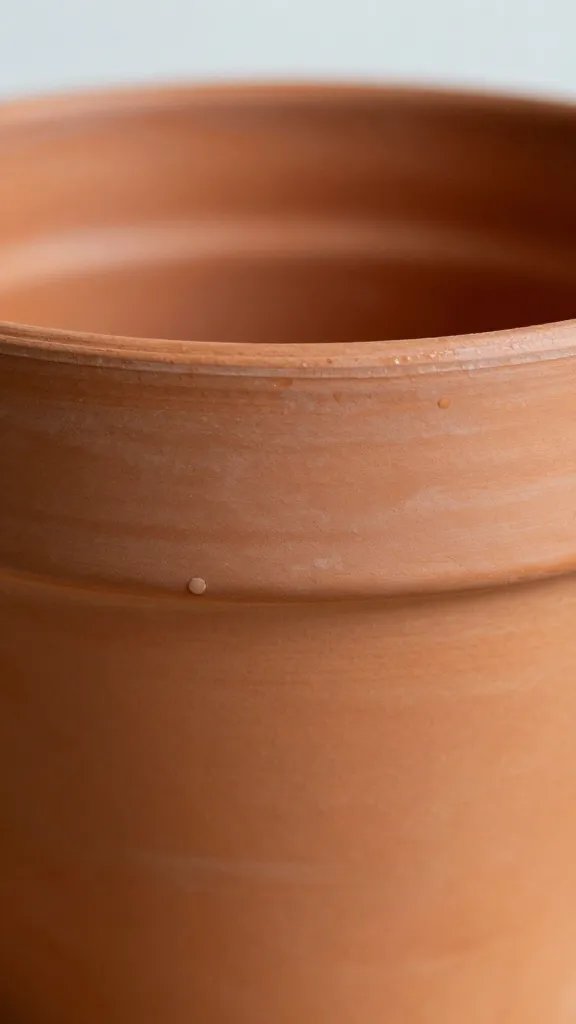 closeup terracotta pot with visible moisture wicking on rim