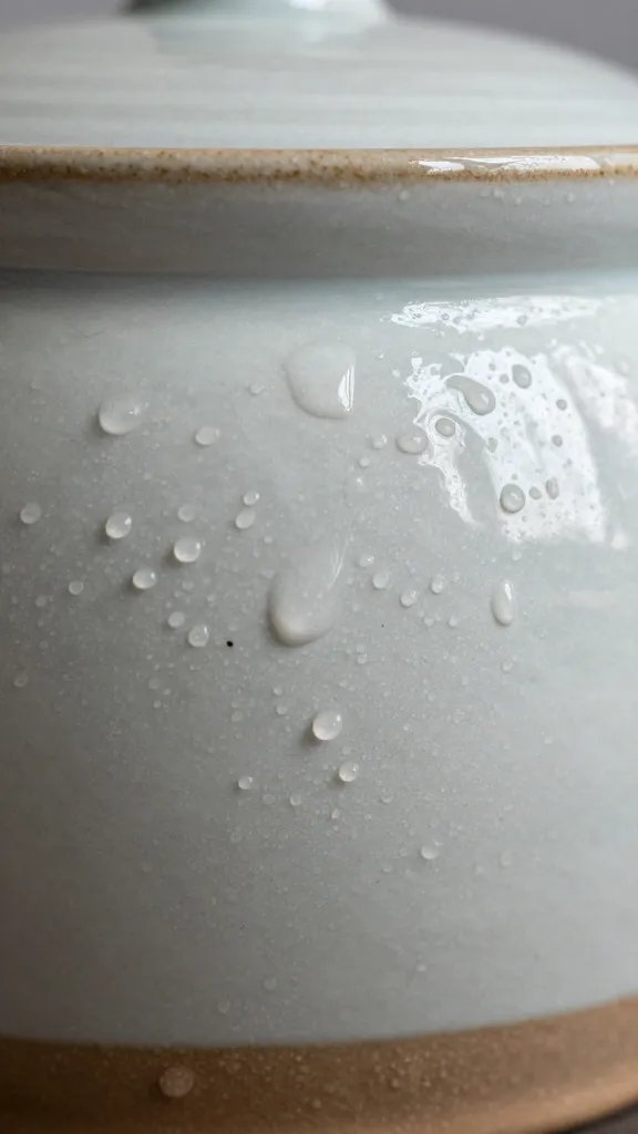 glazed ceramic pot surface beading water, macro closeup