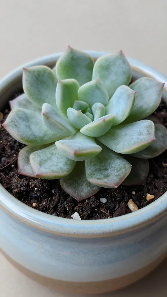 jade succulent in glazed pot, dark damp soil closeup