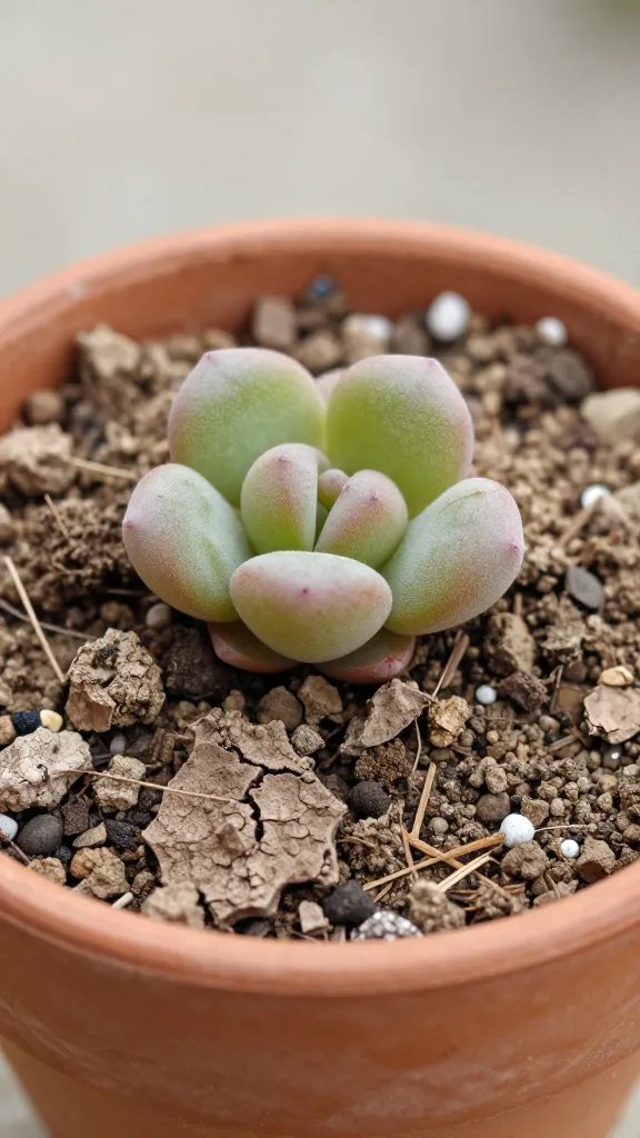 haworthia in terracotta, dry cracked soil macro