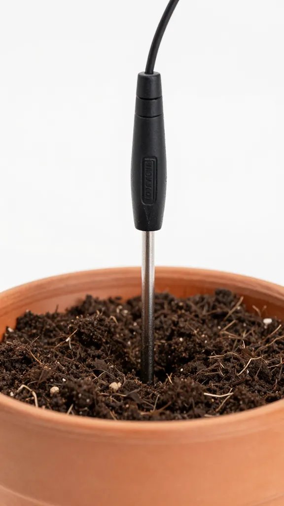 soil moisture meter inserted in terracotta pot, closeup