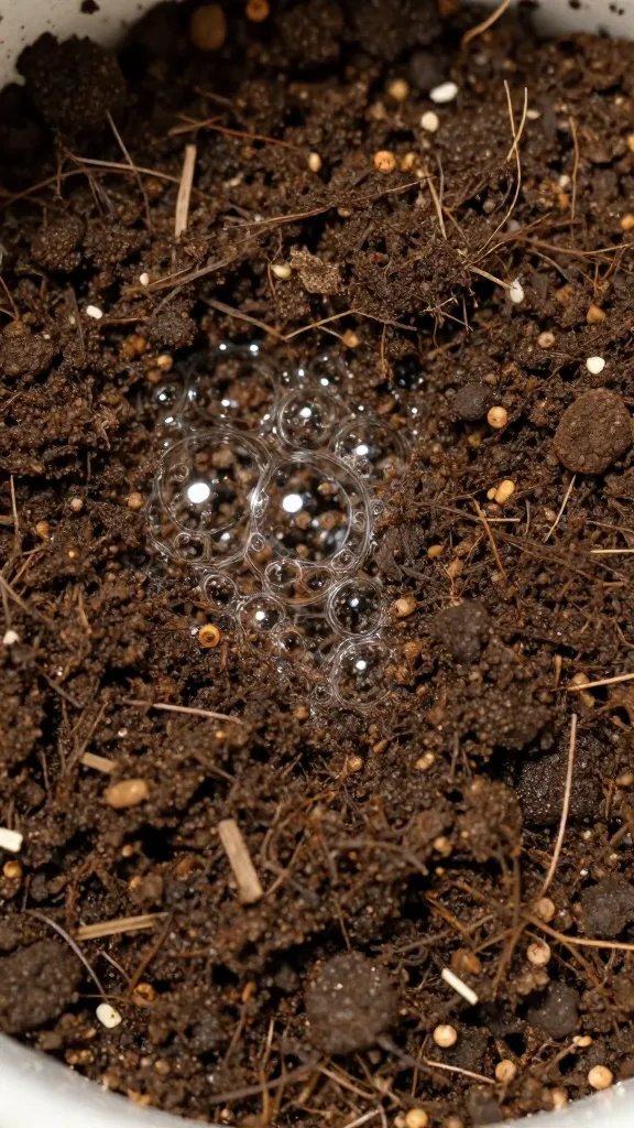 closeup of soggy potting mix with visible anaerobic bubbles