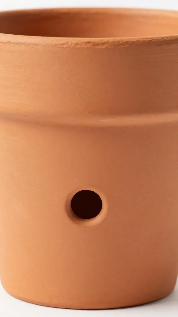 single terracotta pot with drilled drainage hole, macro