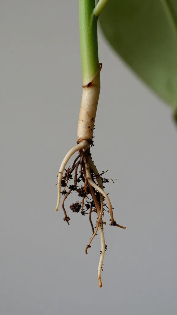closeup of root rot on a single houseplant root