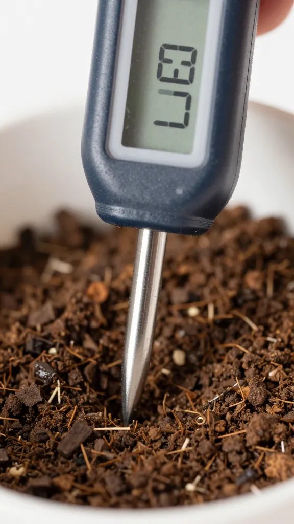 moisture meter tip inserted in wet potting mix, closeup