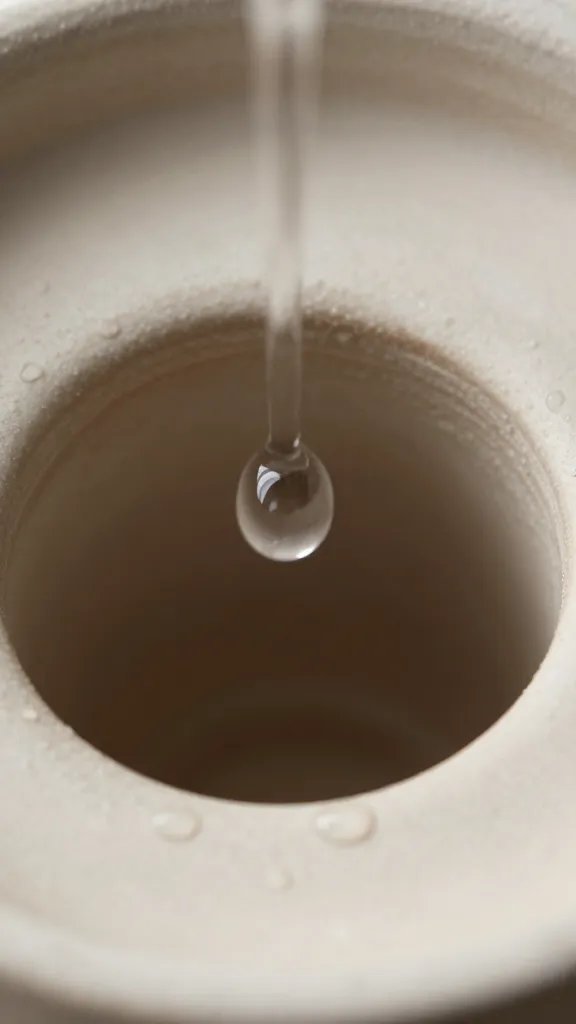 closeup of water bead forming at pot’s unglazed drainage hole