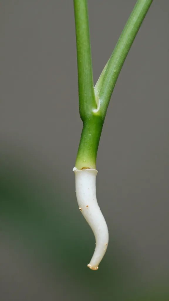 single pothos node cutting with white root nub, macro