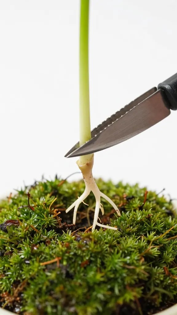 hoya cutting with emerging roots in sphagnum moss, closeup