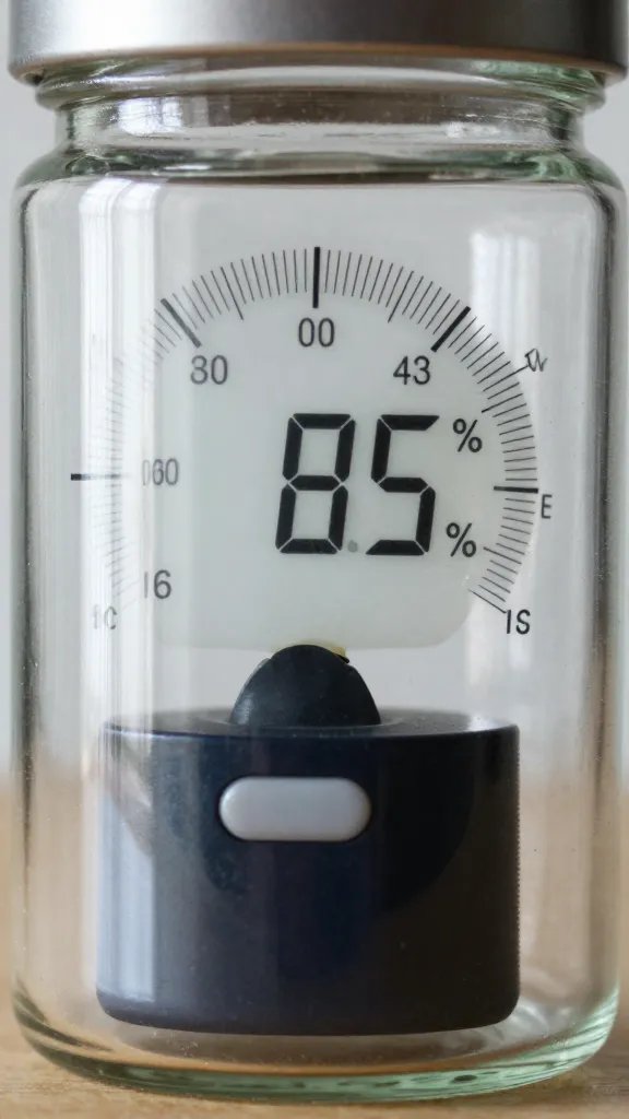 hygrometer reading 85% humidity inside glass jar, closeup