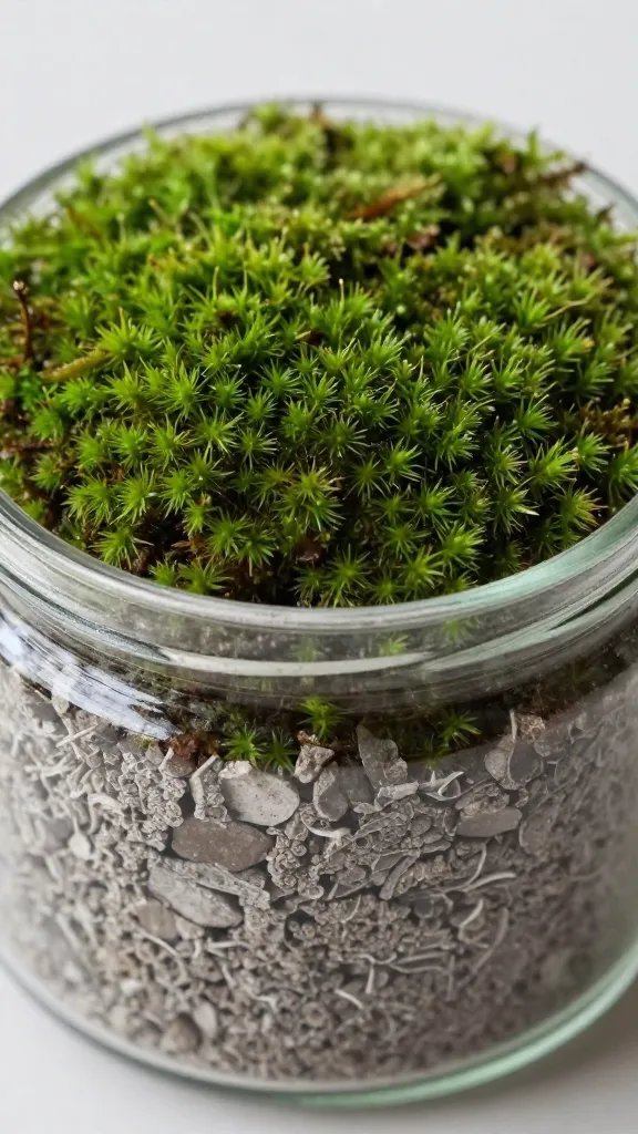 perlite layer topped with moss in jar, macro shot