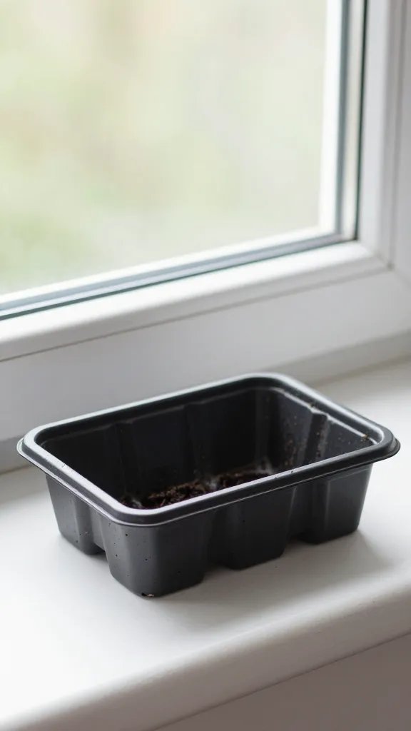 single covered seed tray on windowsill, shallow depth