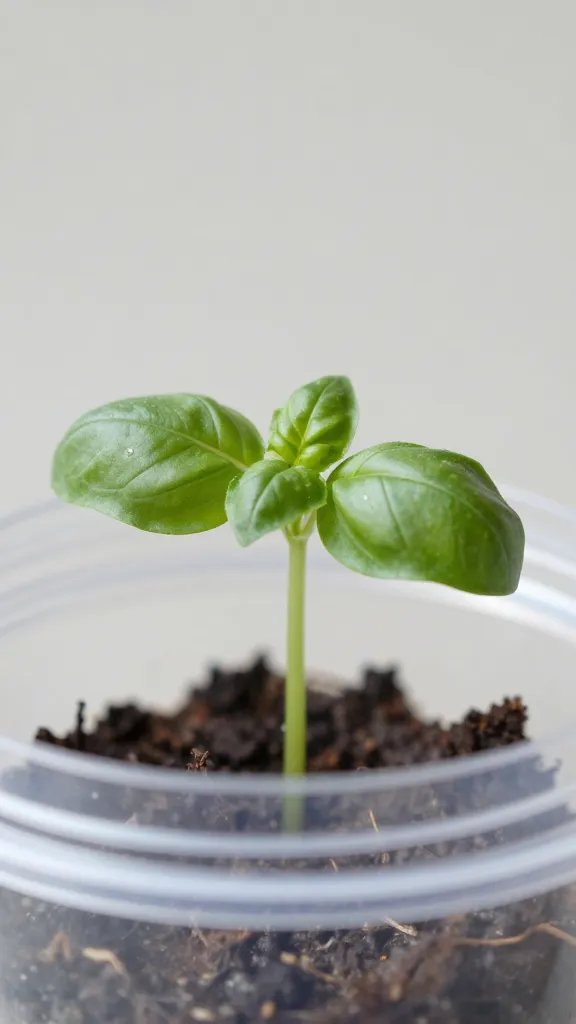 basil seedling emerging under clear lid, closeup