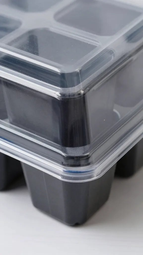 labeled seed tray corner beneath clear cover, detail shot