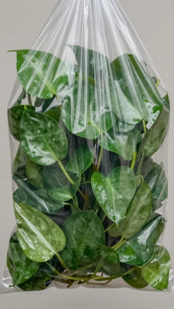 closeup of covered pothos in clear plastic bag