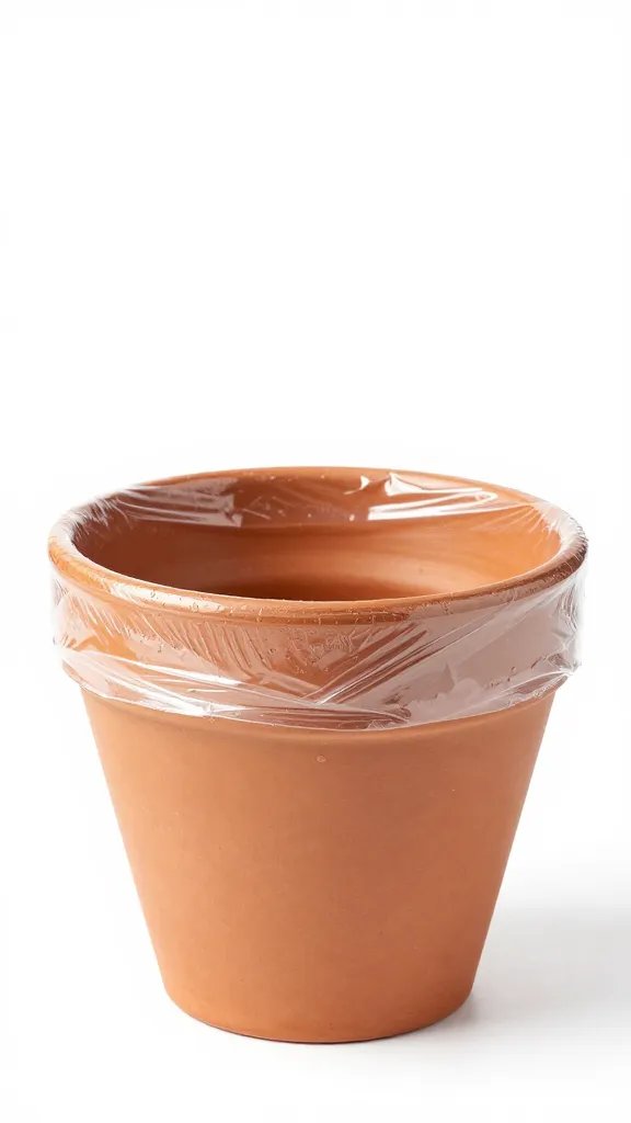 single terracotta pot with plastic wrap condensation