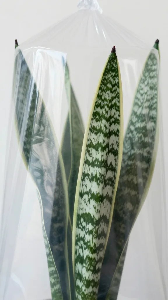 snake plant under transparent shower cap, tight shot