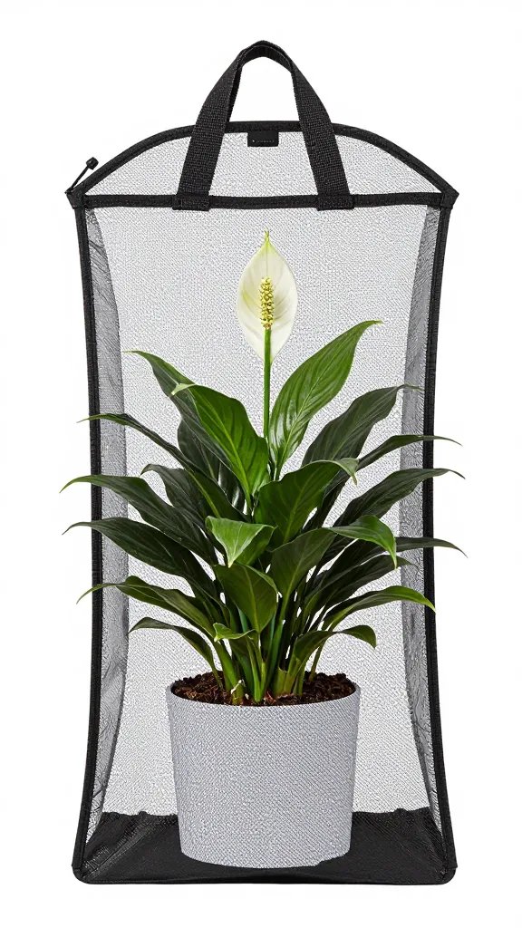 peace lily in zippered garment bag microclimate