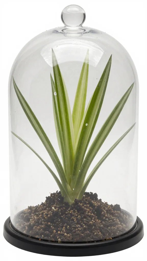 spider plant with dome cloche, visible water droplets
