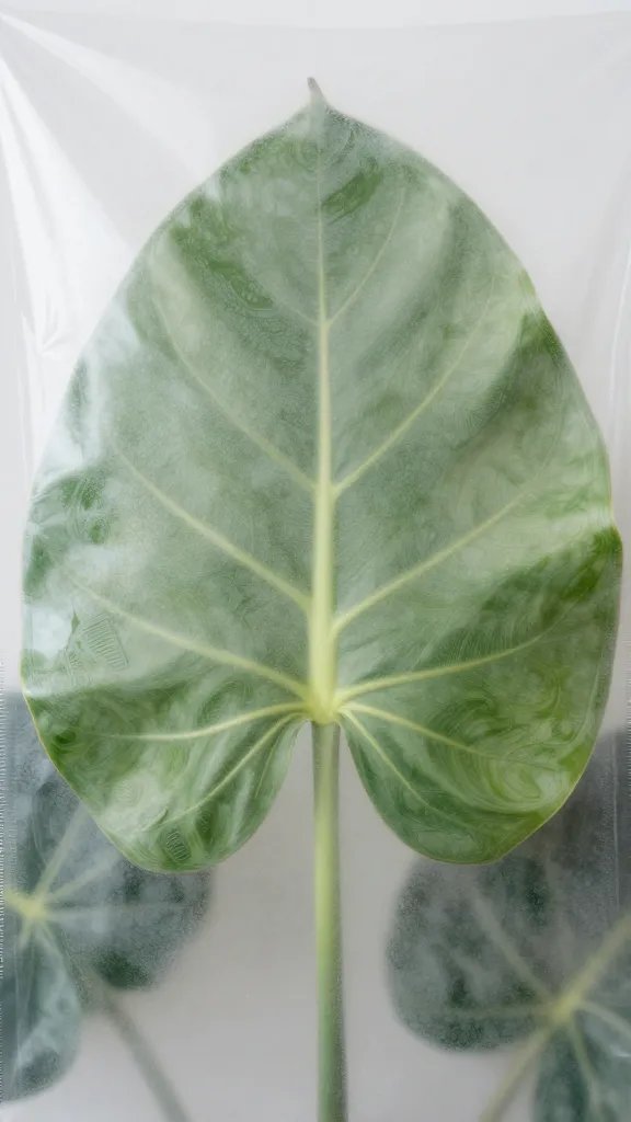 philodendron leaf against fogged plastic wrap