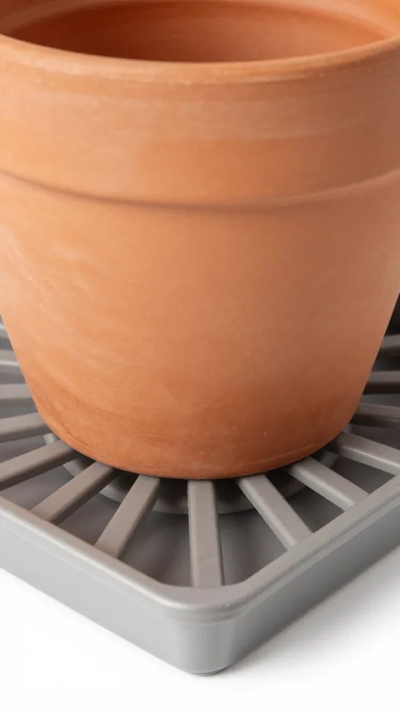 drainage tray under sealed terracotta pot, closeup