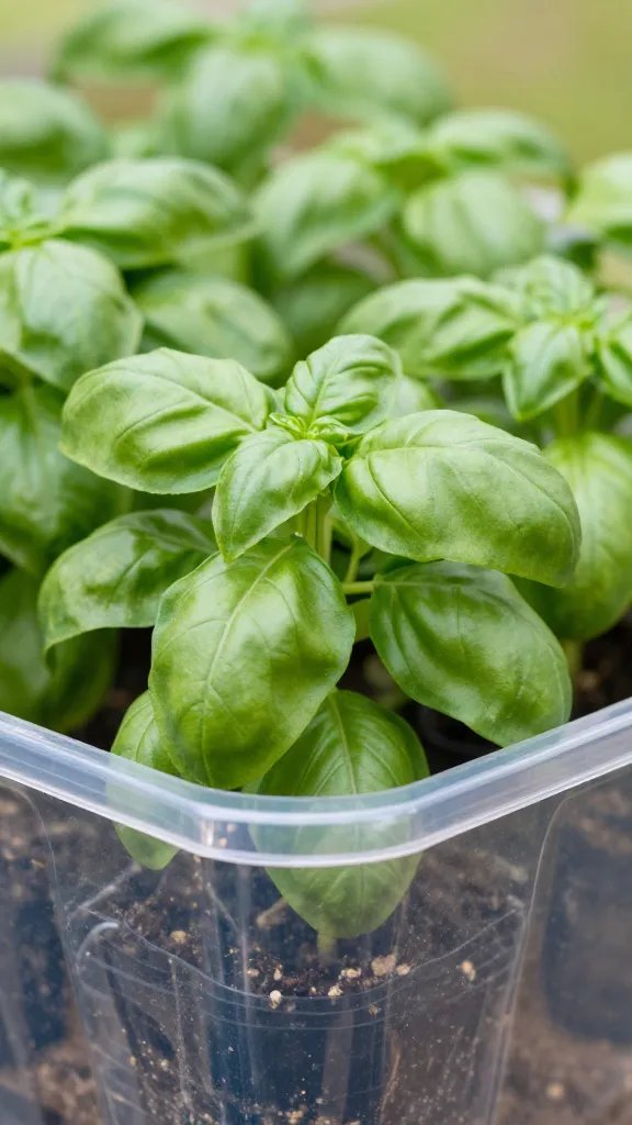 basil in clear storage bin greenhouse, tight crop