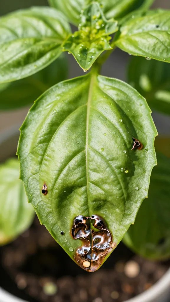 basil leaf scorched inside sunlit cold frame, macro