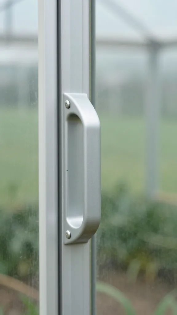 single greenhouse vent handle half-open, closeup
