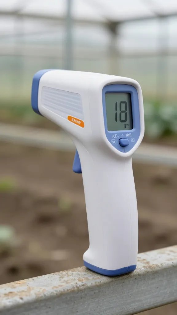 infrared thermometer reading 110°F on greenhouse bench, closeup
