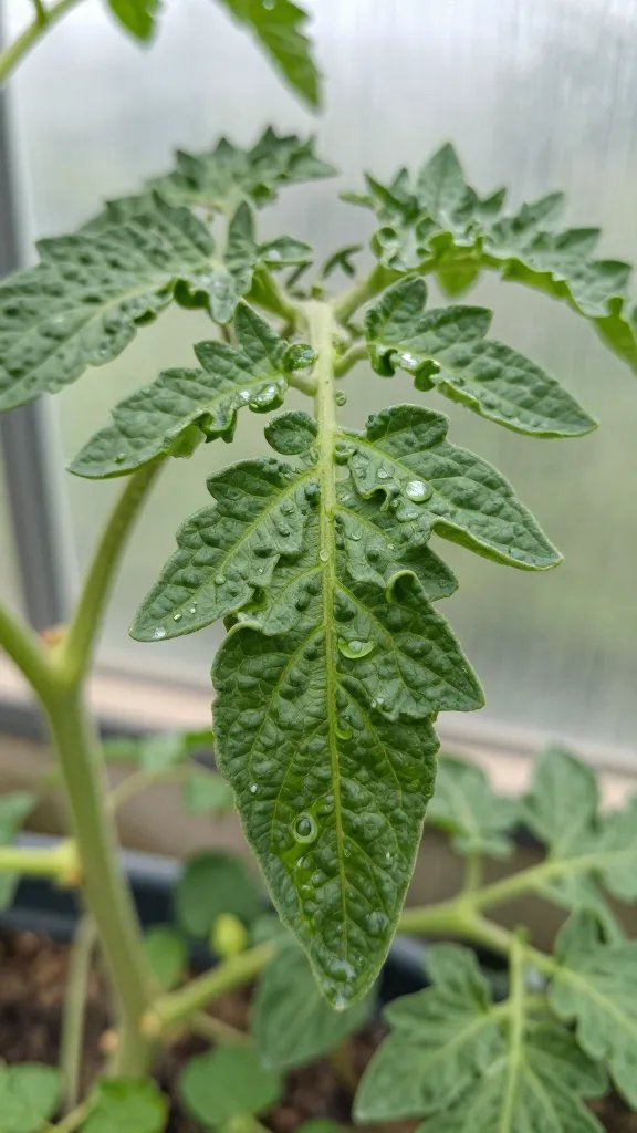 moisture-stressed tomato leaf curling under glass, macro