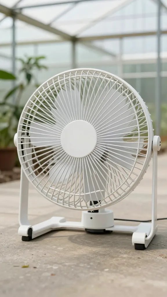 small oscillating fan on greenhouse floor, closeup