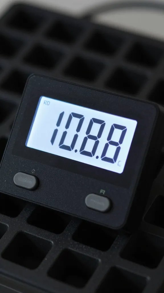 digital hygrometer on potting bench, display glowing, closeup