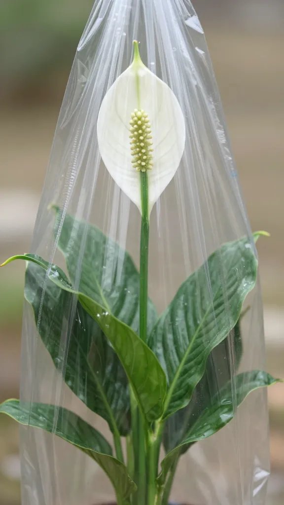 closeup of peace lily in clear plastic bag cover