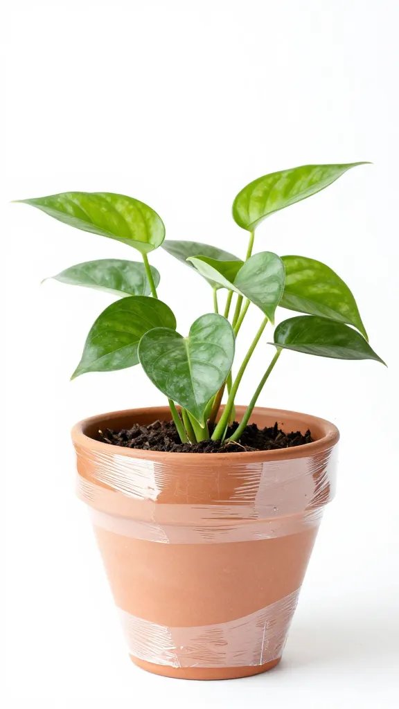 pothos cutting sealed under plastic wrap on terracotta pot
