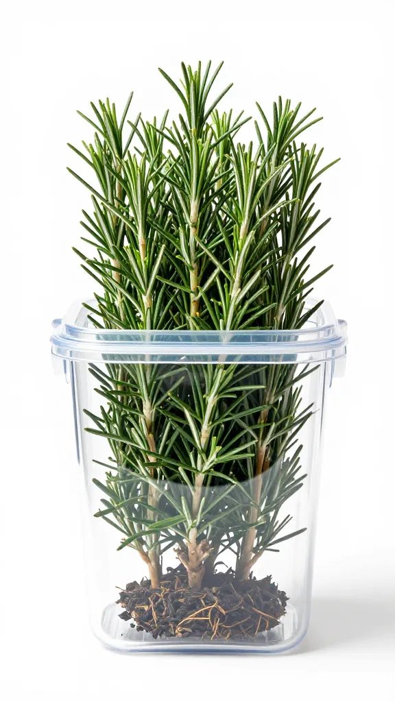 rosemary shrub inside lidded clear storage bin