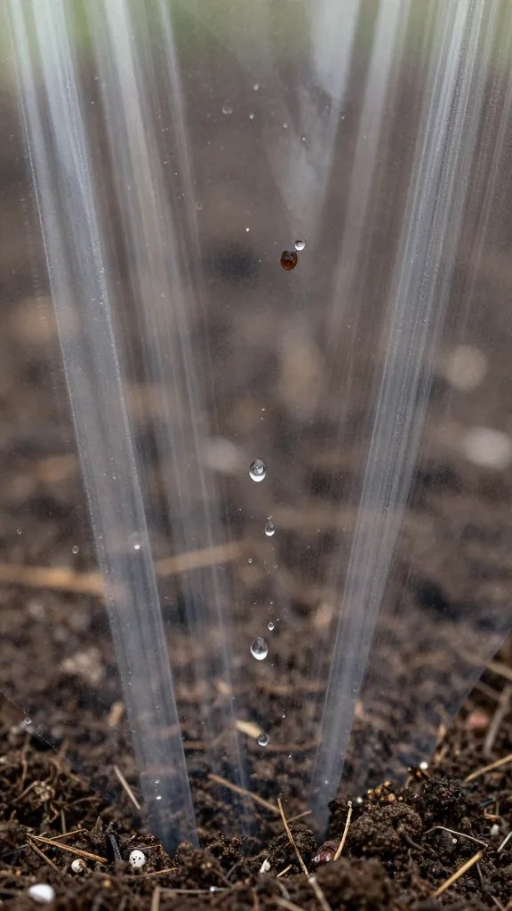 condensed droplets on inside of plastic wrap over soil