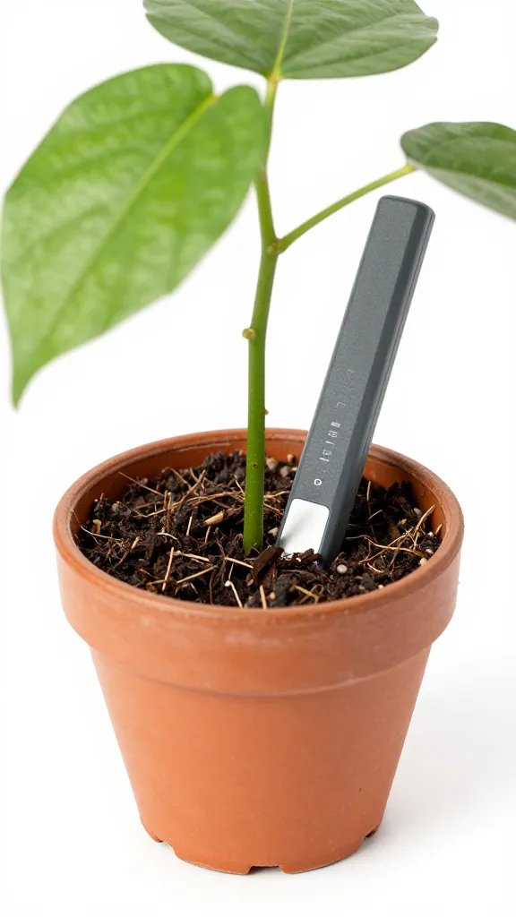 moisture meter inserted in covered houseplant pot
