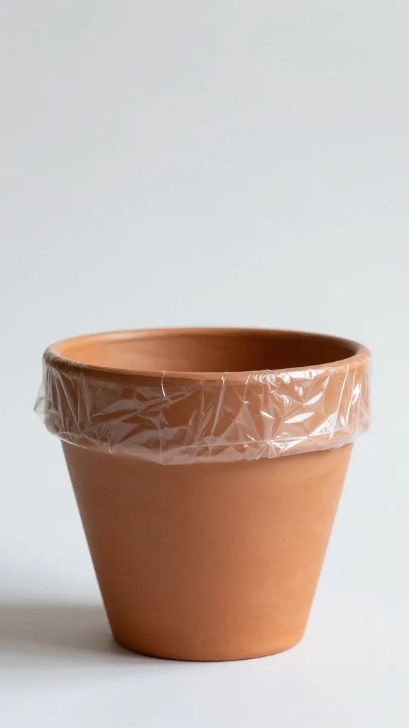single terracotta pot with elastic-sealed plastic film