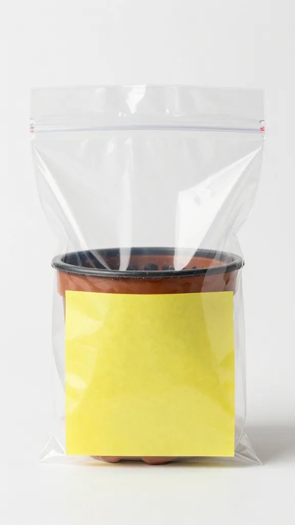 yellow sticky trap inside clear bagged plant pot
