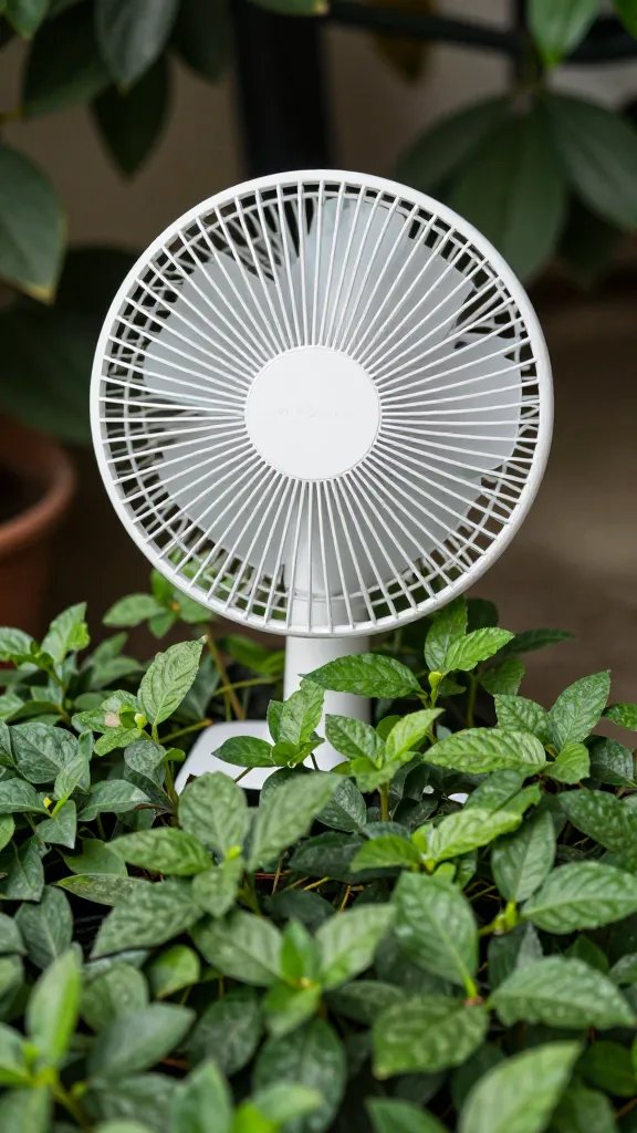 small oscillating fan off beside covered plant, close crop