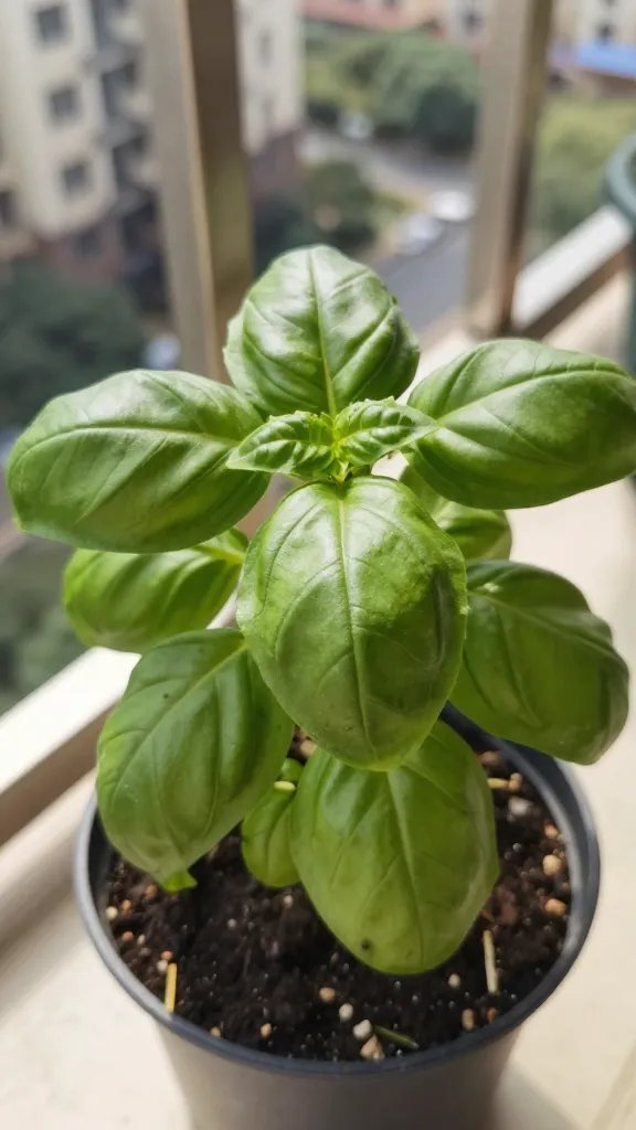 Closeup of a single basil plant in a small container on a sunny balcony