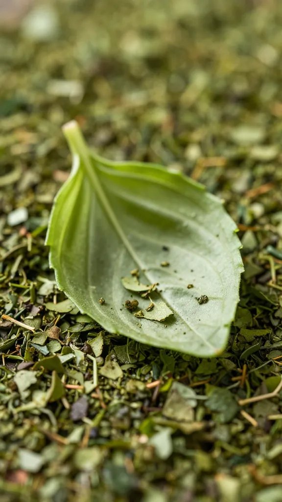 Closeup of crushed basil leaves releasing scent, single leaf macro